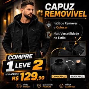 Jaqueta Masculina de Sarja Forrada por Dentro com Capuz Removível